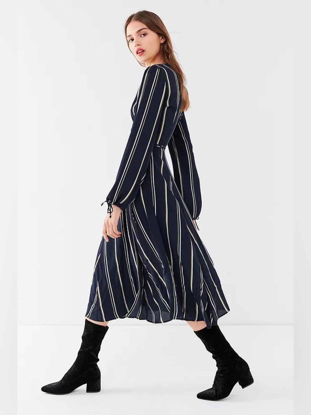 UO Audrey Blue Striped Long-Sleeve Wrap Midi Dress
